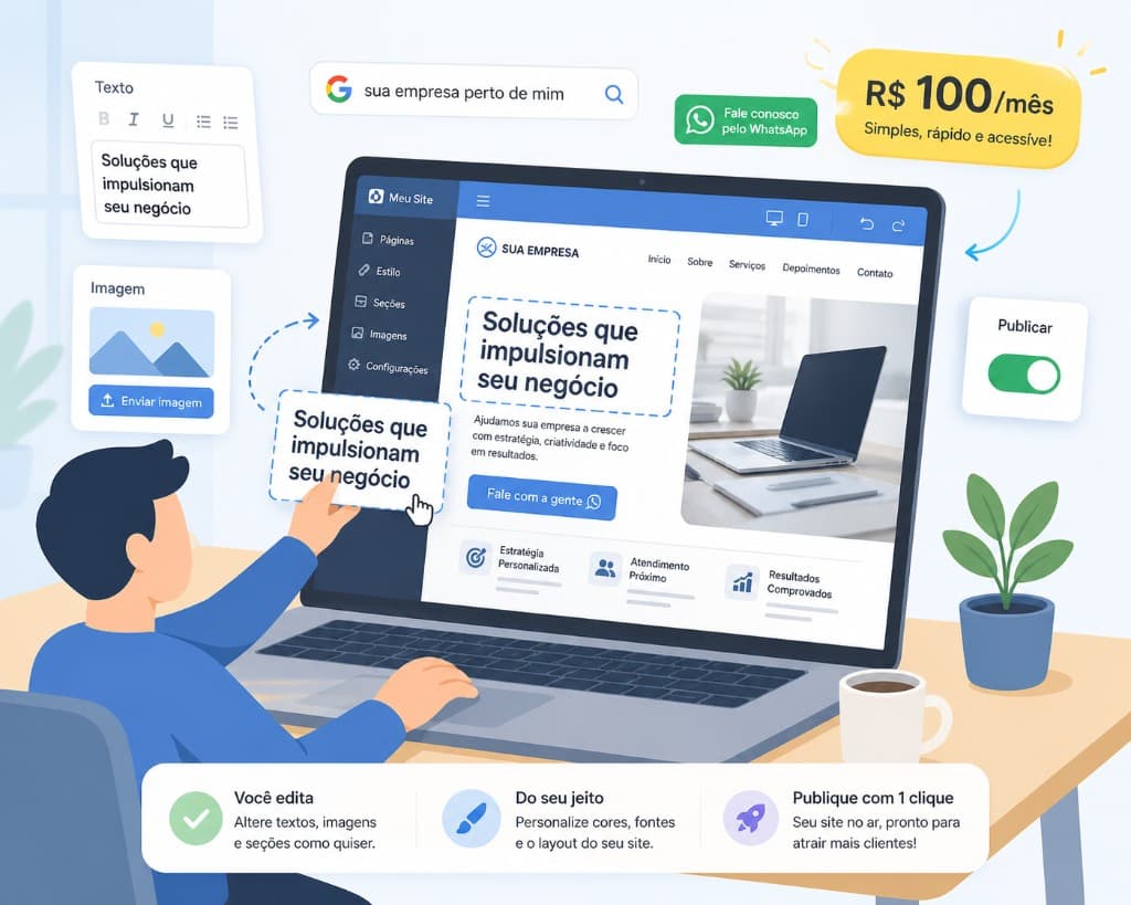 Representação de site por assinatura focado em São Bernardo: painel de edição, resultado no Google e WhatsApp em destaque